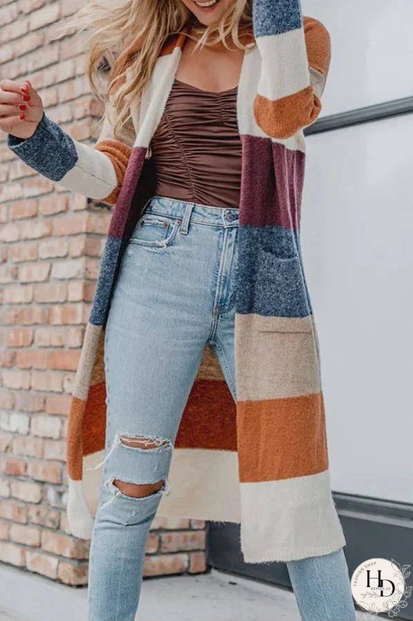 Multicolor Knitted Color Block Open Front Long Cardigan