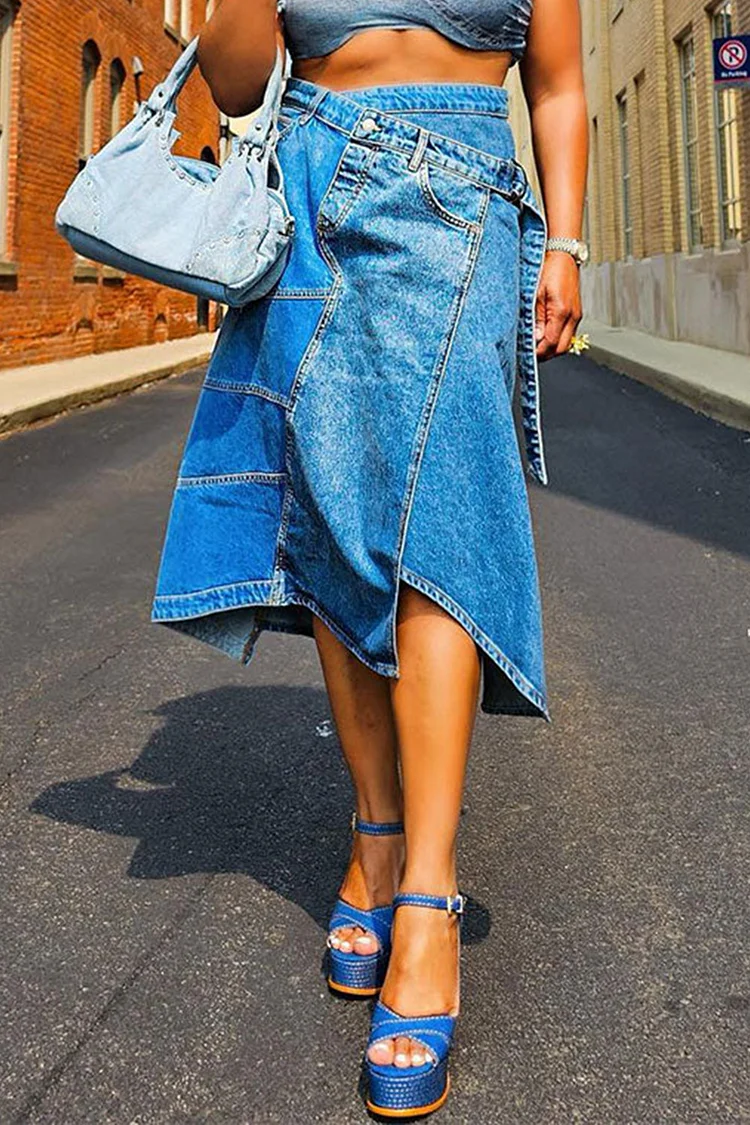 Plus Size Daily Blue Casual Asymmetric Hem Denim Skirts [Pre-Order] 2024 - Xpluswear
