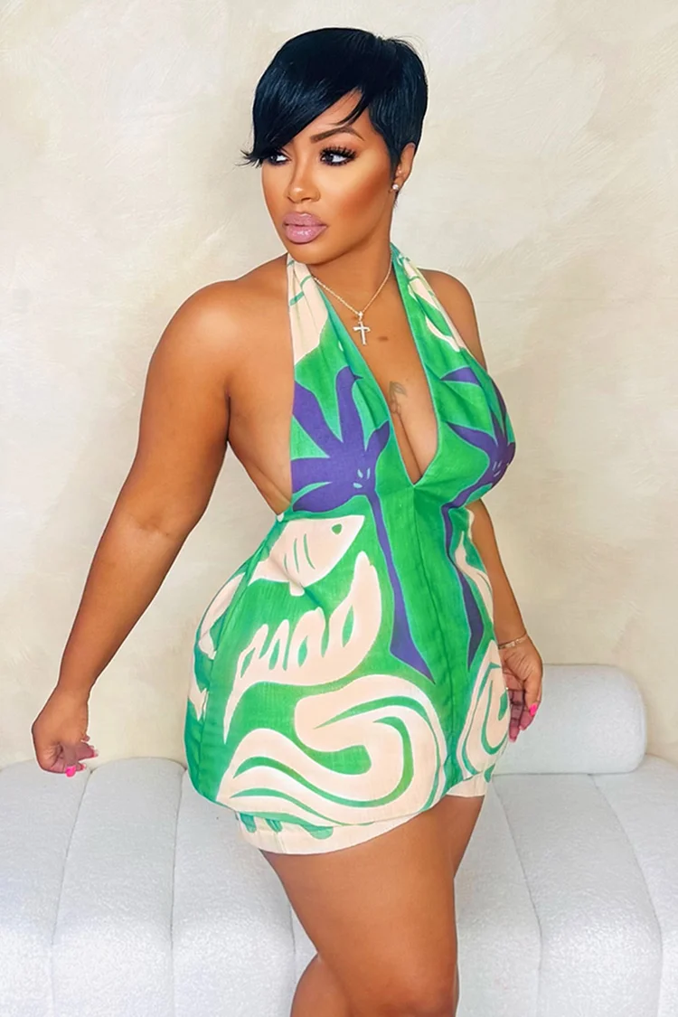 Deep V Halter Drawing Print Bodycon Vacation 2pcs Set-Green [Pre Order]