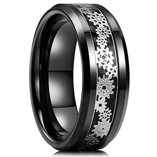 Women's or Men's Tungsten Carbide Wedding Band Gear Rings,Wedding ring band Black with Mechanical Gear Silver Over Black Carbon Fiber,Tungsten Carbide Ring With Mens And Womens Rings For 4MM 6MM 8MM 10MM