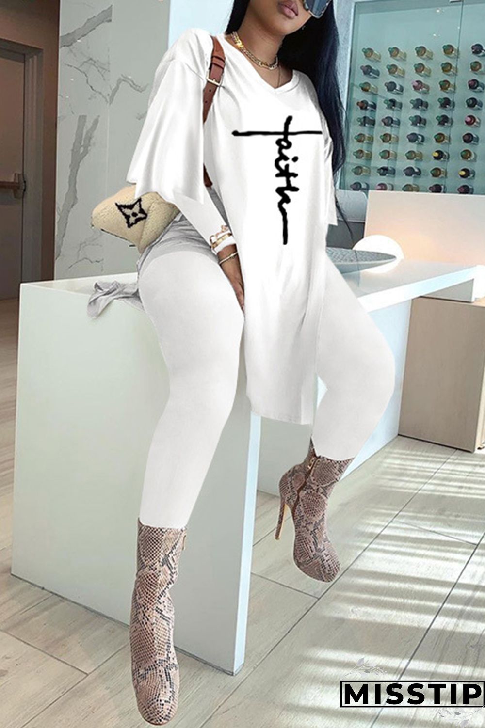 Black Fashion Casual Embroidery Slit V Neck Long Sleeve Two Pieces