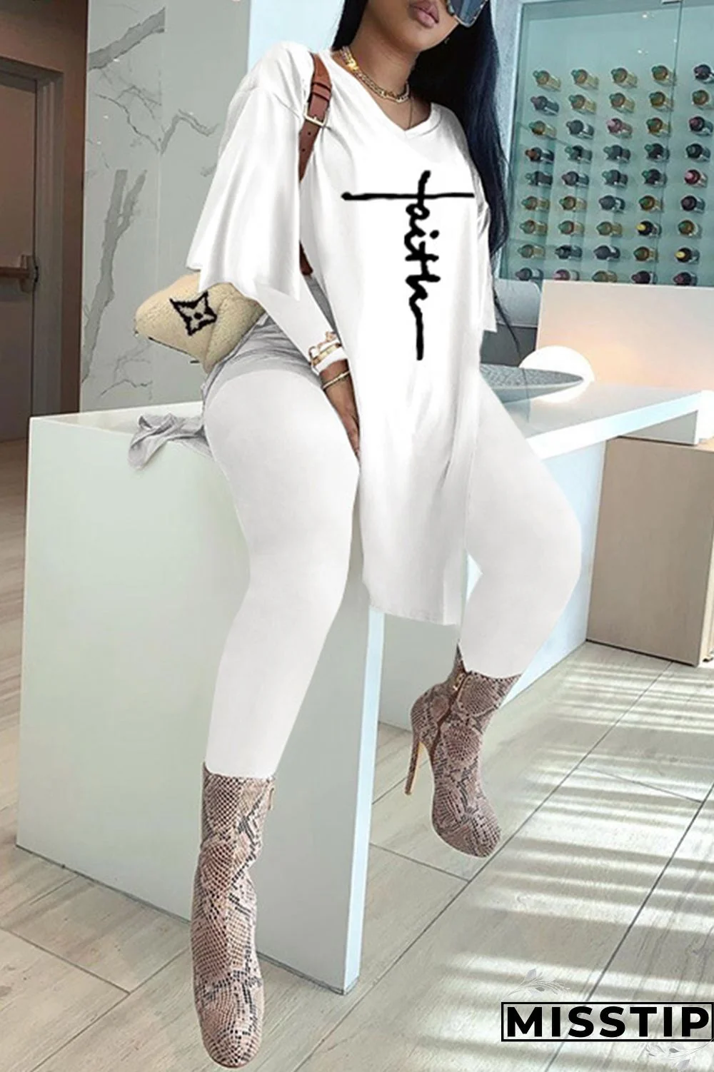 Black Fashion Casual Embroidery Slit V Neck Long Sleeve Two Pieces