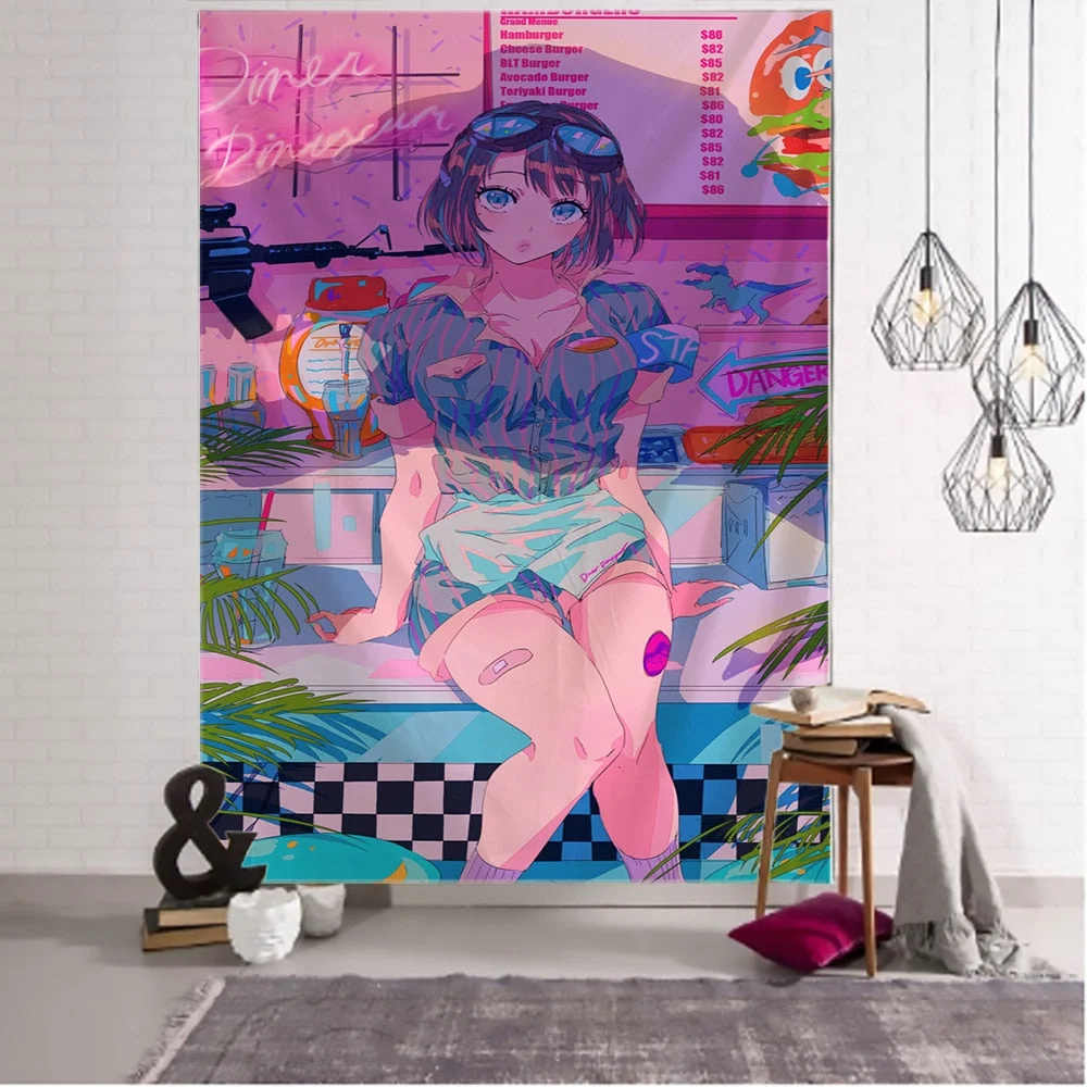 Kawaii Anime Girl Tapestry Wall Hanging Pink Cute Boho Style Psychedelic Hippie Background Home Decor