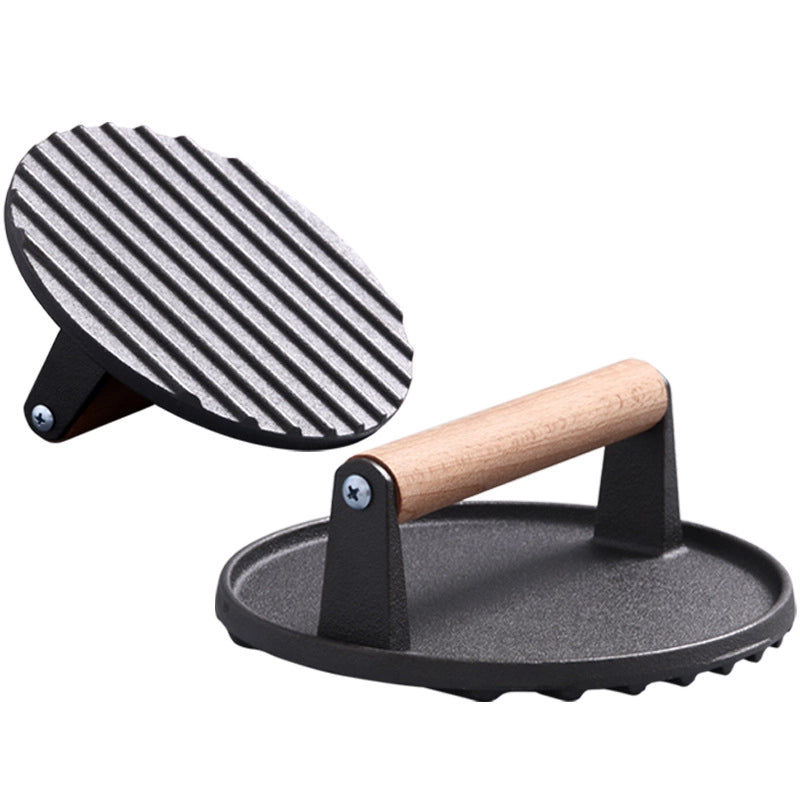 Cast Iron Round Meat Press Hamburger Meat Press Uncoated Thickened Striped Teppanyaki Tool Wooden Handle Anti-scalding Household