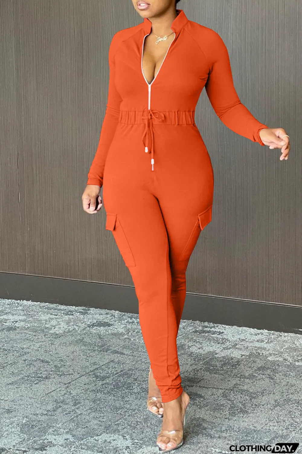 Tangerine Red Casual Solid Split Joint Draw String Pocket Zipper Collar Regular Jumpsuits