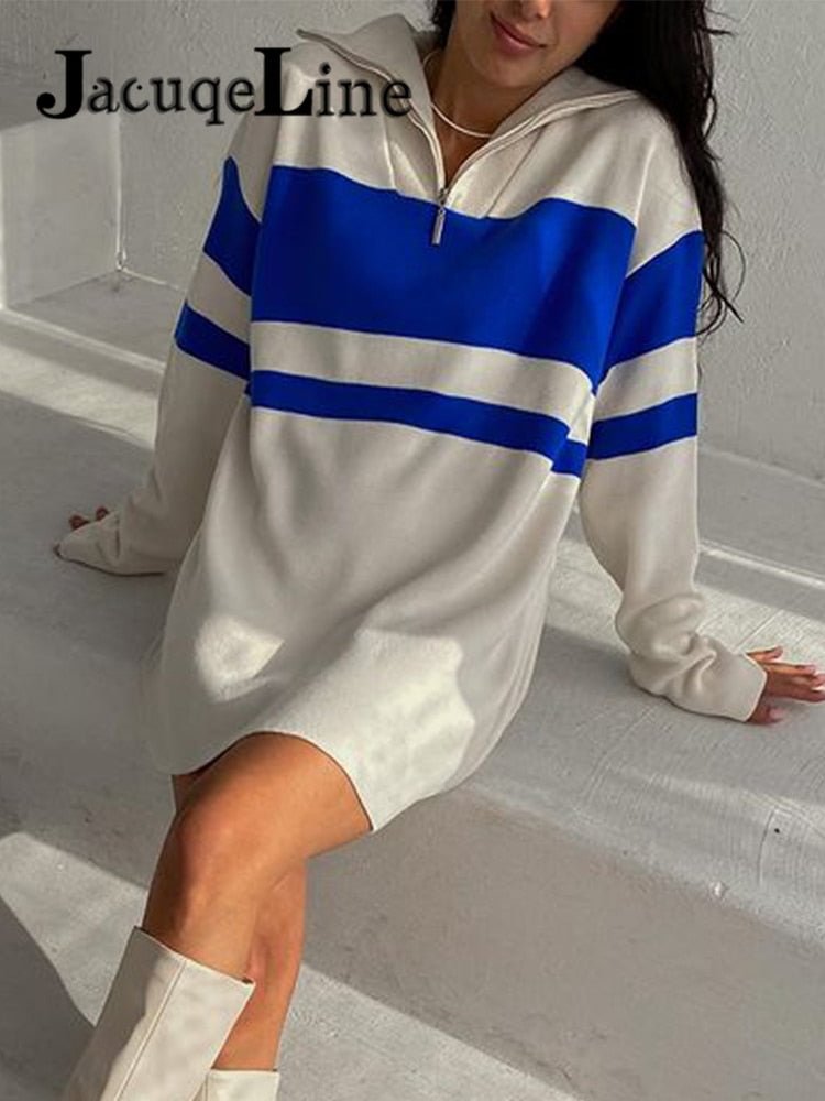 JacuqeLine 2022 Y2K Mini Zipper Knitted Oversize Women Dress Sweater Autumn Winter Elegant Long Sleeve Sexy Party Casual Dresses