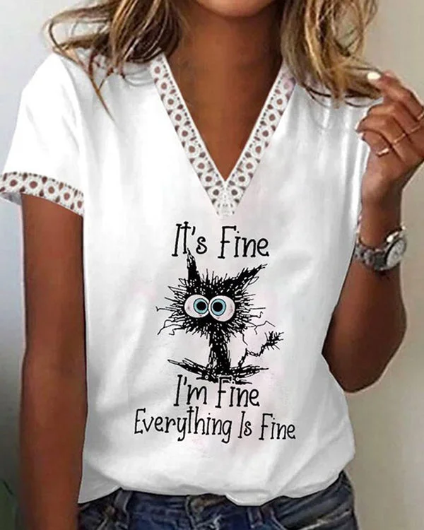 Printed Casual V Neck Short Sleeve Top