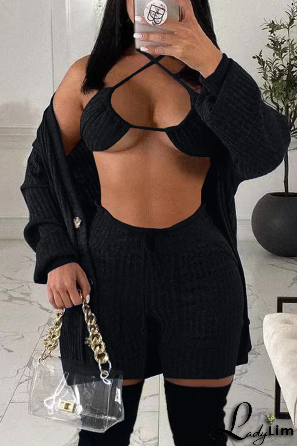 Black Fashion Sexy Solid Basic Long Sleeve Three-piece Set