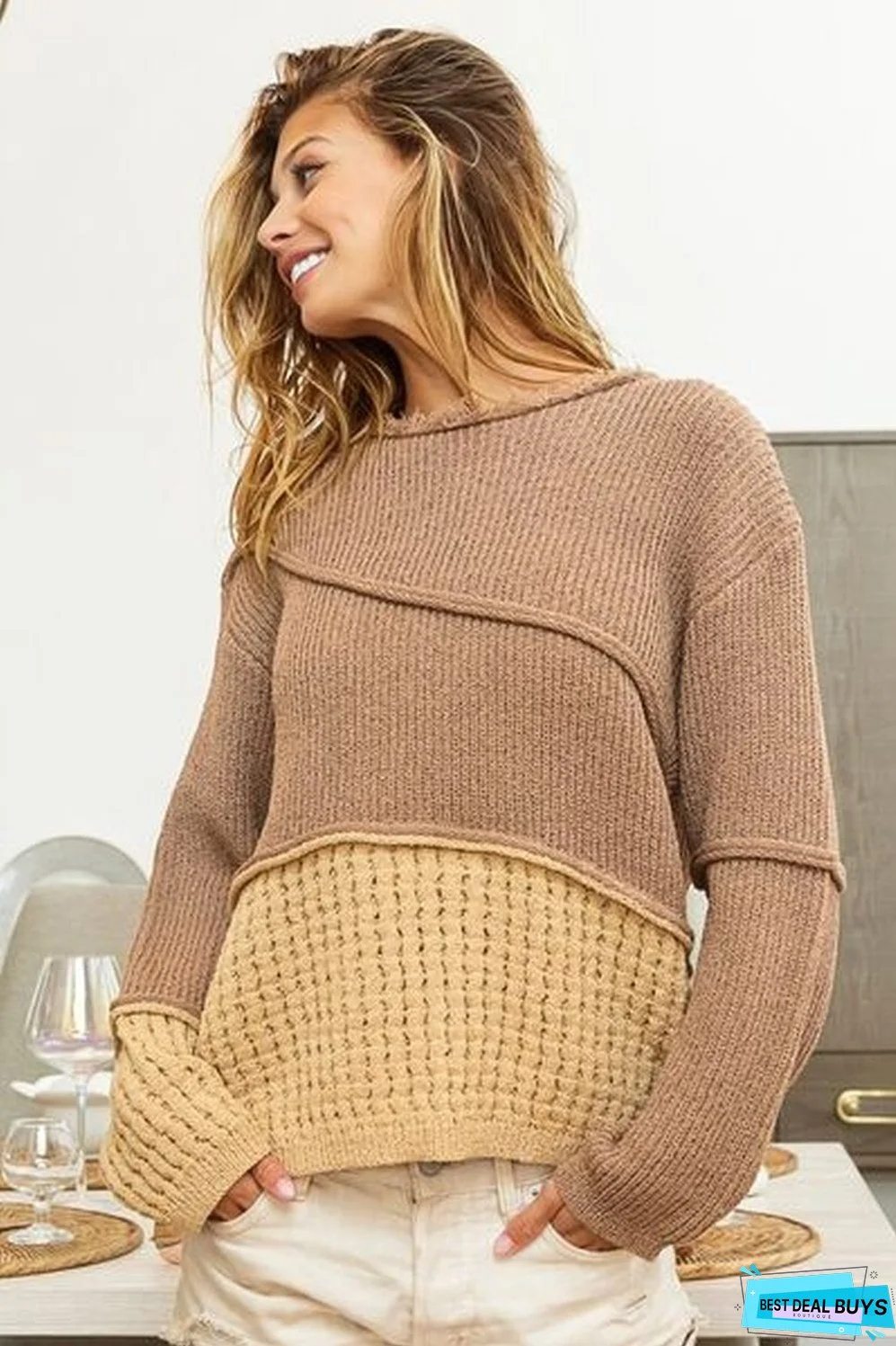 BiBi Texture Detail Contrast Drop Shoulder Sweater