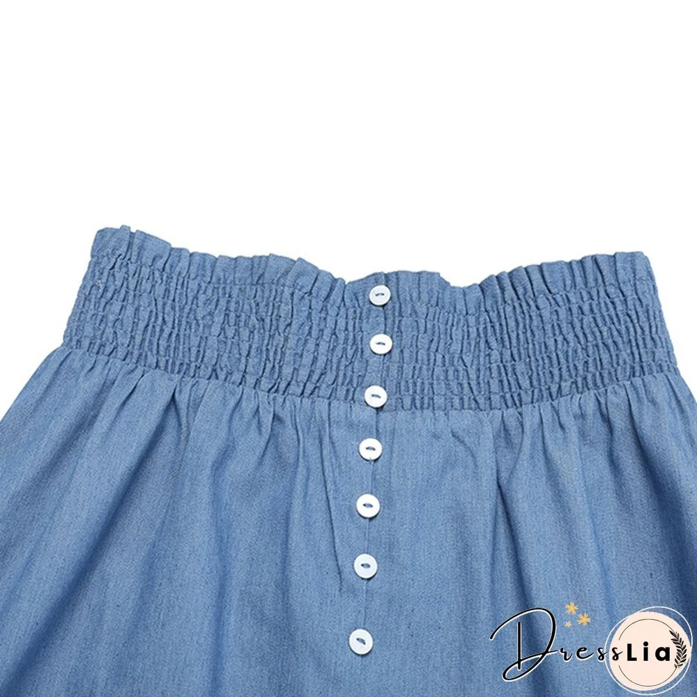 Women Elastic Waist Button Front Denim Skirt Flared Hem Casual Long Skirts