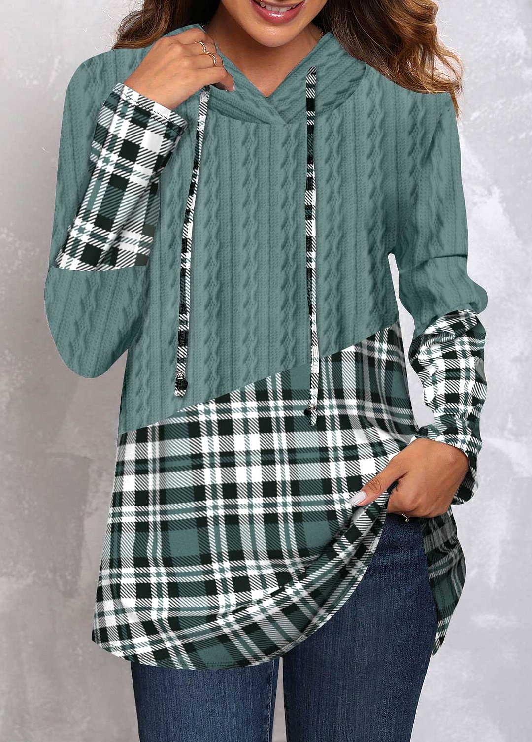 Colorblock Plaid Printed Casual Women's Hoodie
