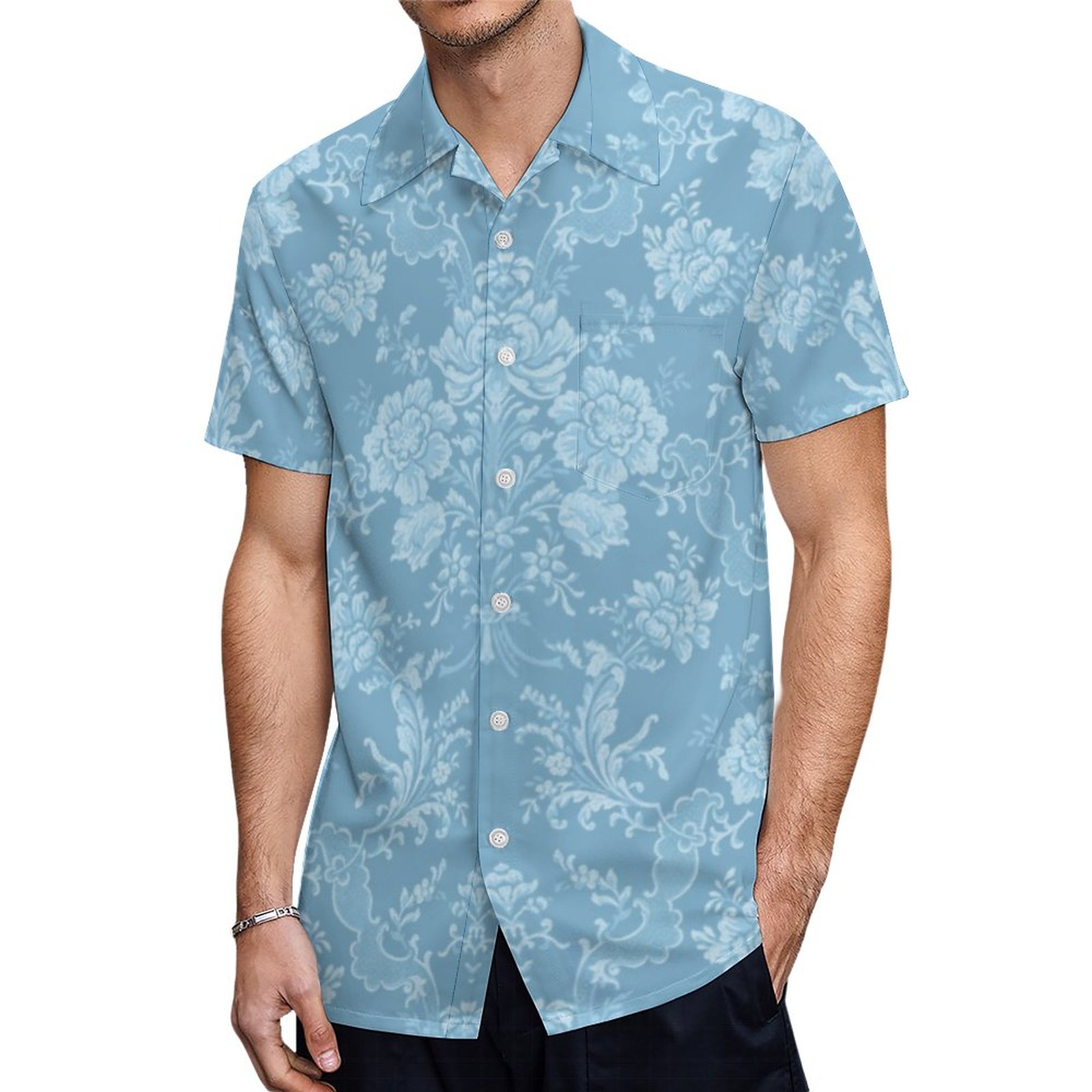 Elegant Romantic Chic Floral Damask Pastel Blue Hawaiian Shirt Mens Button Down Tropical Hawaii Beach Shirts