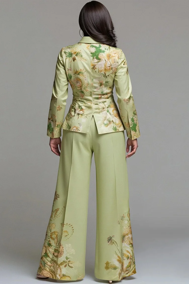 Xpluswear Design Plus Size Formal Green Floral Shirt Collar Long Sleeve Pocket Elegant Two Piece Pant Sets [Pre-Order]