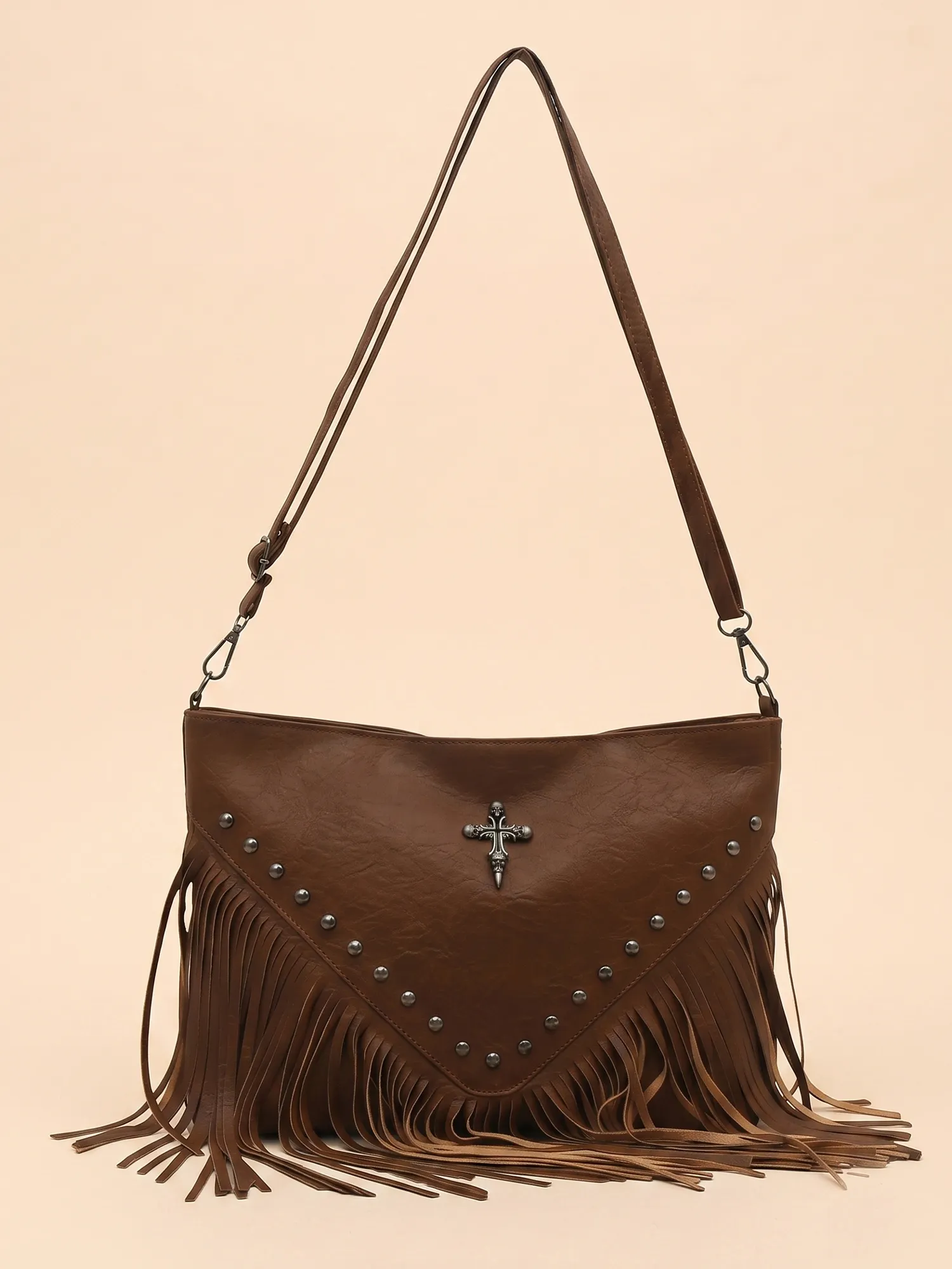 Western Outfits &mdash; Saddle Brown Studded Cross Fringe Pebble Leather Shoulder Bag