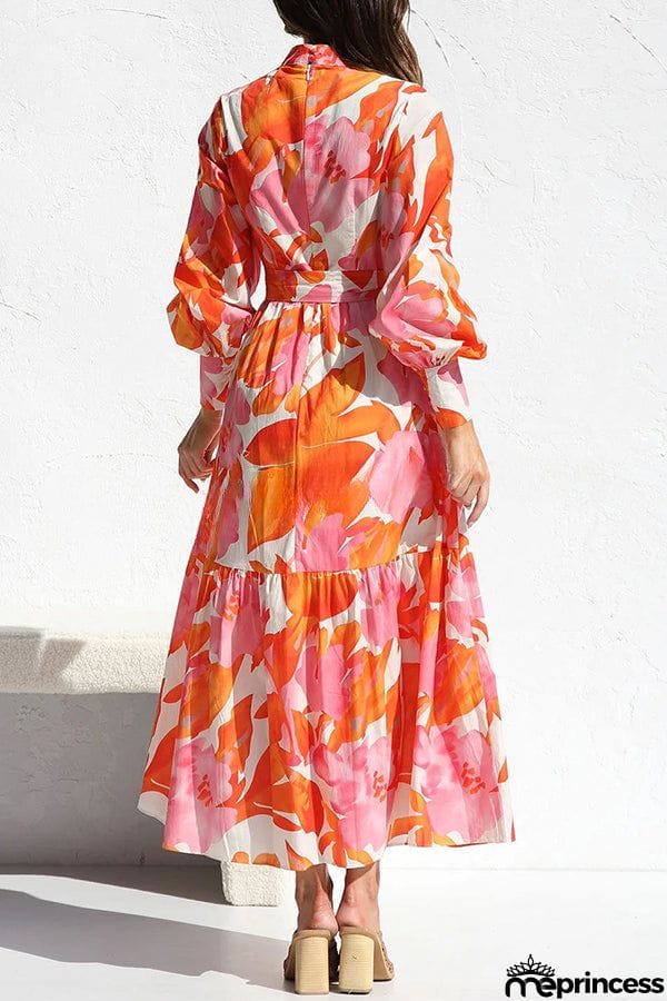 Floral Print Balloon Sleeve Pleated Lace Up Maxi Dress