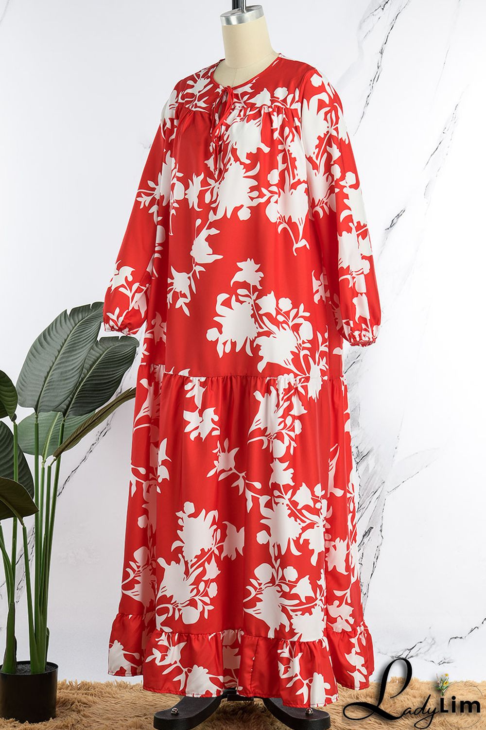 Red Casual Print Basic V Neck Long Sleeve Dresses