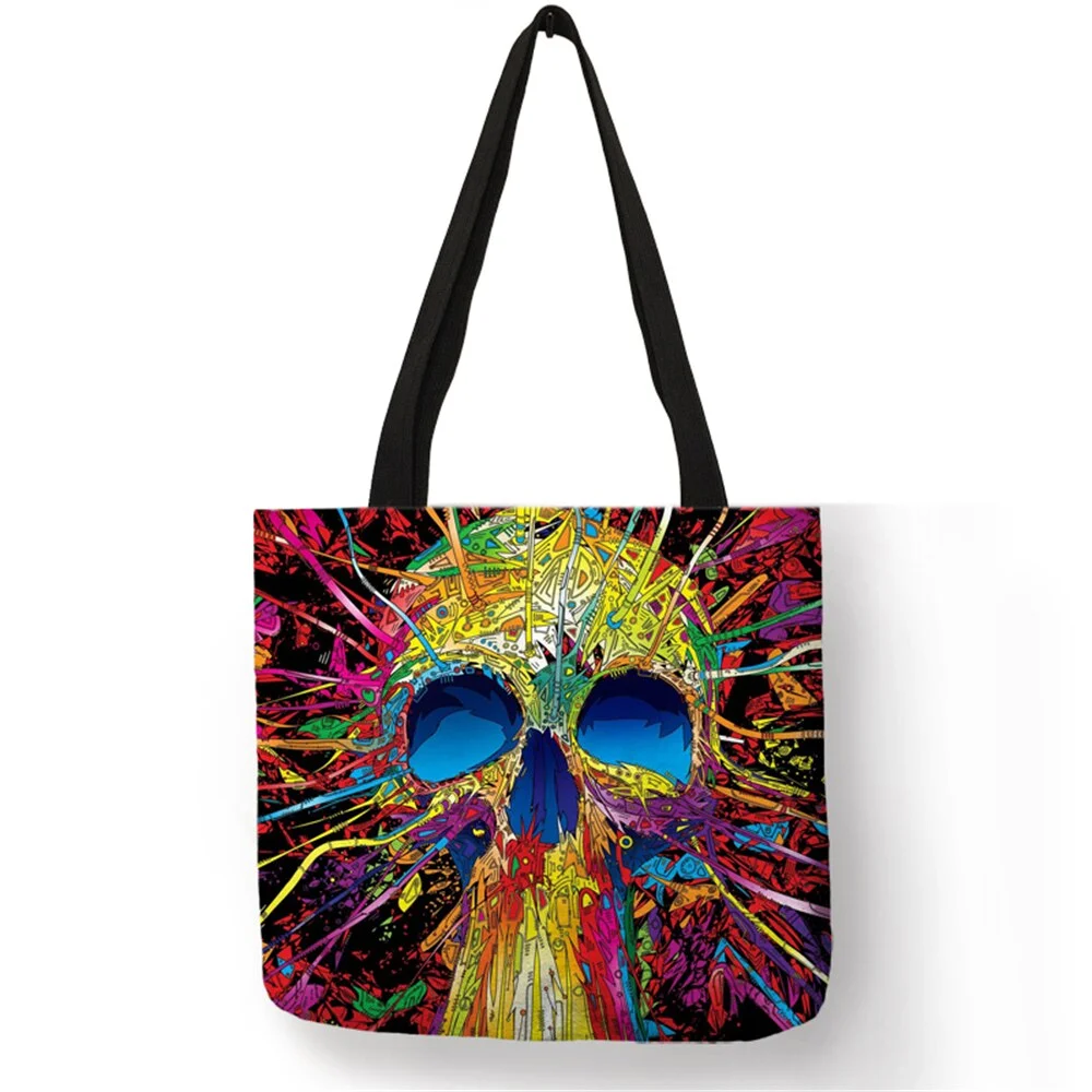 Floral Skull Print Linen Tote Bag Reusable Shopping Bags Folding Women Casual Handbags Lady Fabric Totes