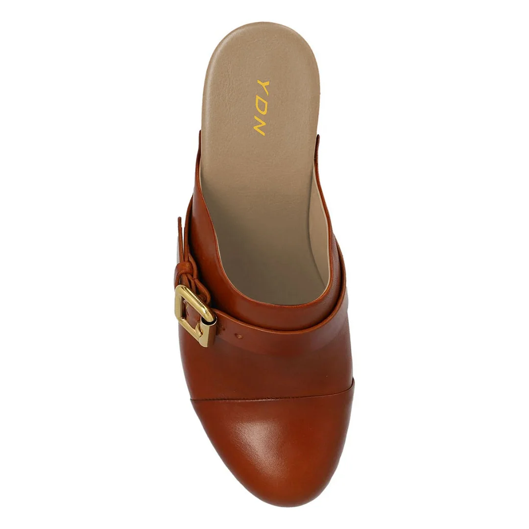 Brown Rivet Studded Buckle Strap Platform Block Heel Mules Shoes