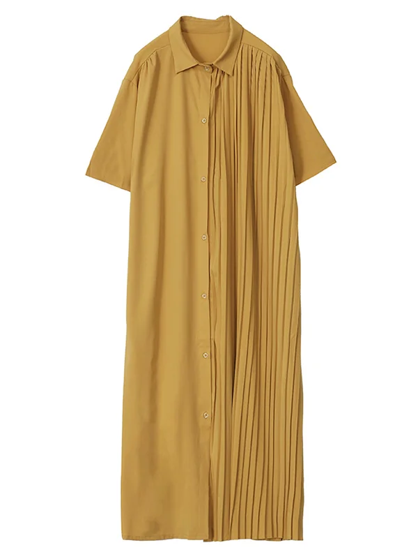 Stylish Split-Joint Pleated Belted Lapel A-Line Short Sleeves Midi Dress