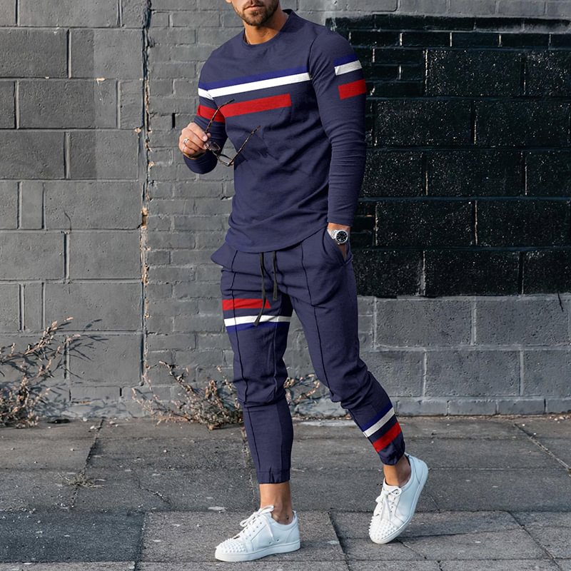 Red And White Contrast Color Casual Blue T-Shirt And Pants Co-Ord