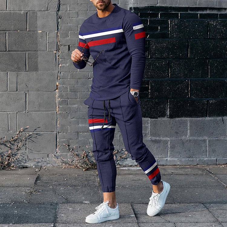 BrosWear Men's Street  Sport Style Red White Stripes Print Deep Blue Long Sleeve T-shirt And Pants Co-ord Sets