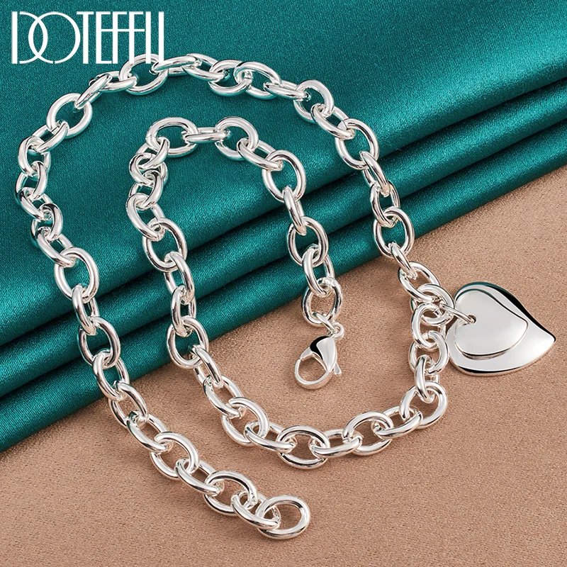 DOTEFFIL 925 Sterling Silver Double Heart Pendant 18 Inch Chain Necklace For Women Man Jewelry