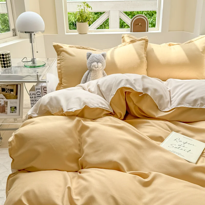 Aonga Coffe Bedding Set No Filler Ins Solid Color Full Queen Size Comforter Duvet Cover Flat Sheet Pillowcase Girls Boy Bed Linens aonga
