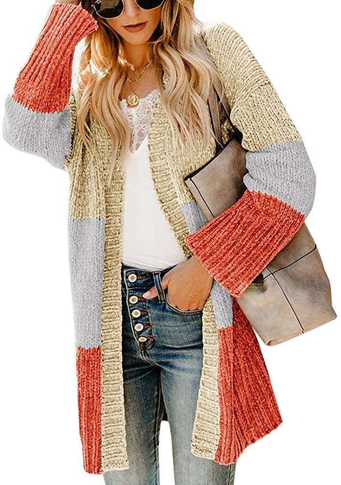 Women Color Block Cardigan Open Front Long Sleeve Sweaters Chenille Chunky Loose Baggy Oversized Knit