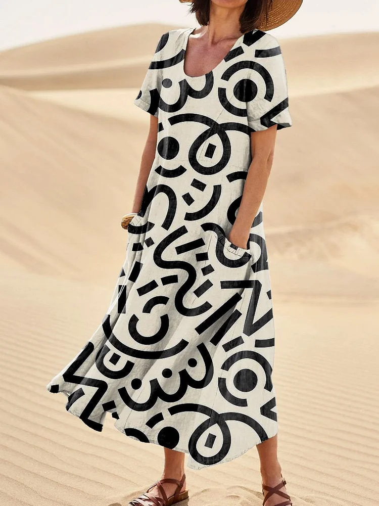 Random Doodle Repeat Pattern Printed Women's Linen Pocket Dress