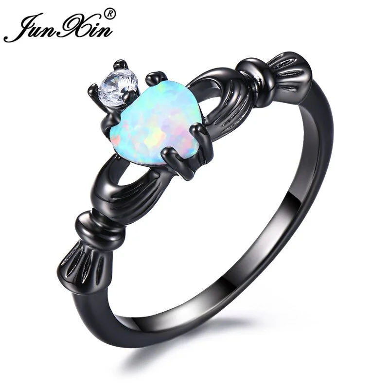 Fashion Female Girls Blue Fire Opal Stone Ring Love Claddagh Heart Engagement Rings For Women Black Gold Filled Wedding Bands