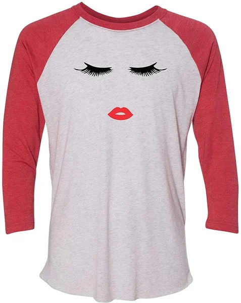Go All Out Adult Cute Eyelashes Red Lips Trendy 3/4 Sleeve T-Shirt