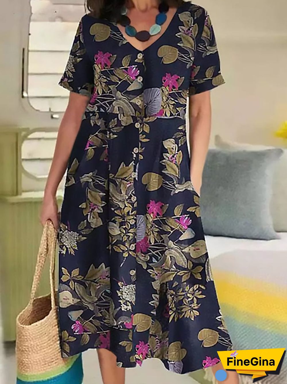 Printed Cotton And Linen Ethnic Style Pocket Dress