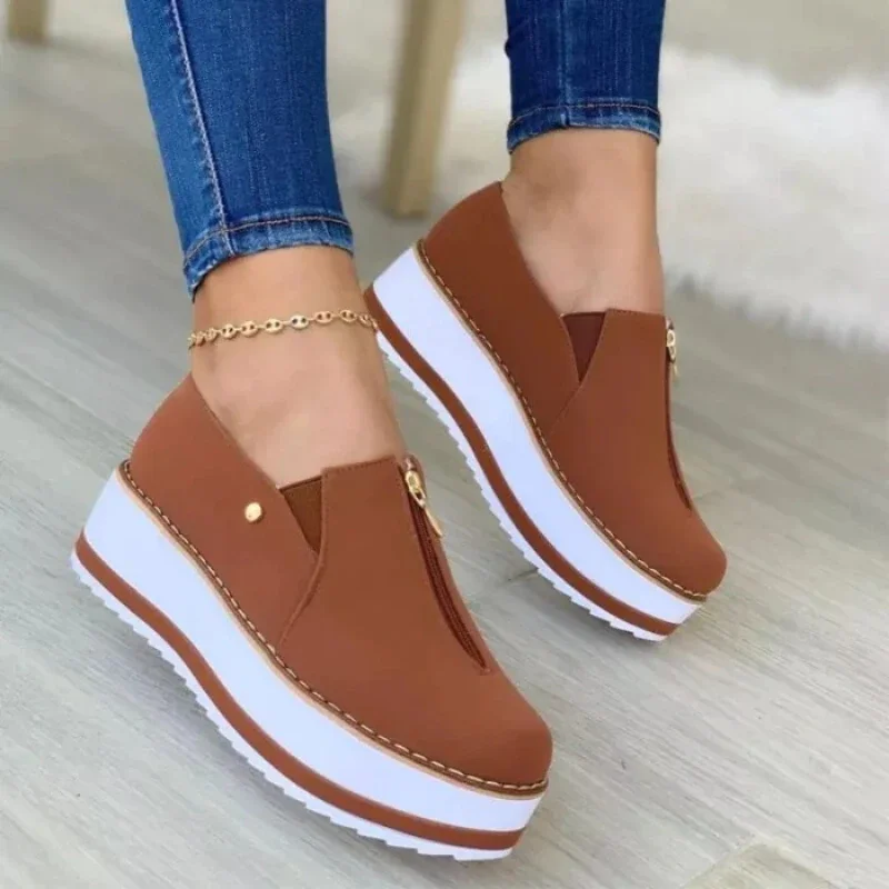 Qengg New Women Casual Shoes Fashion Round Toe Platform Wedge Loafers Slip-On Lightweight Comfortable Vulcanized Shoes Sapatos Casuais