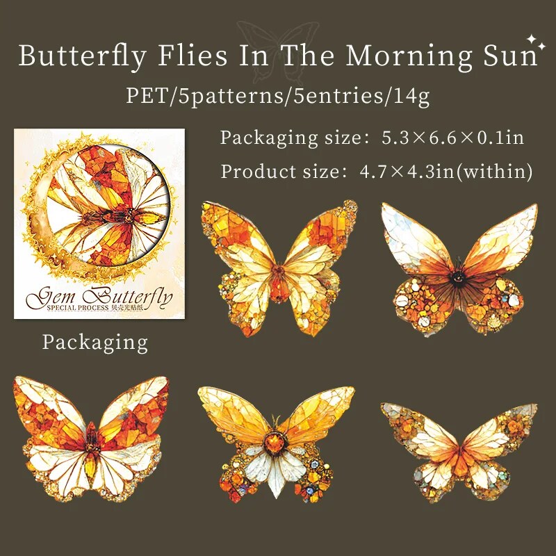 Journalsay 5 Sheets Gem Butterfly Series Vintage Shell Light Material PET Sticker