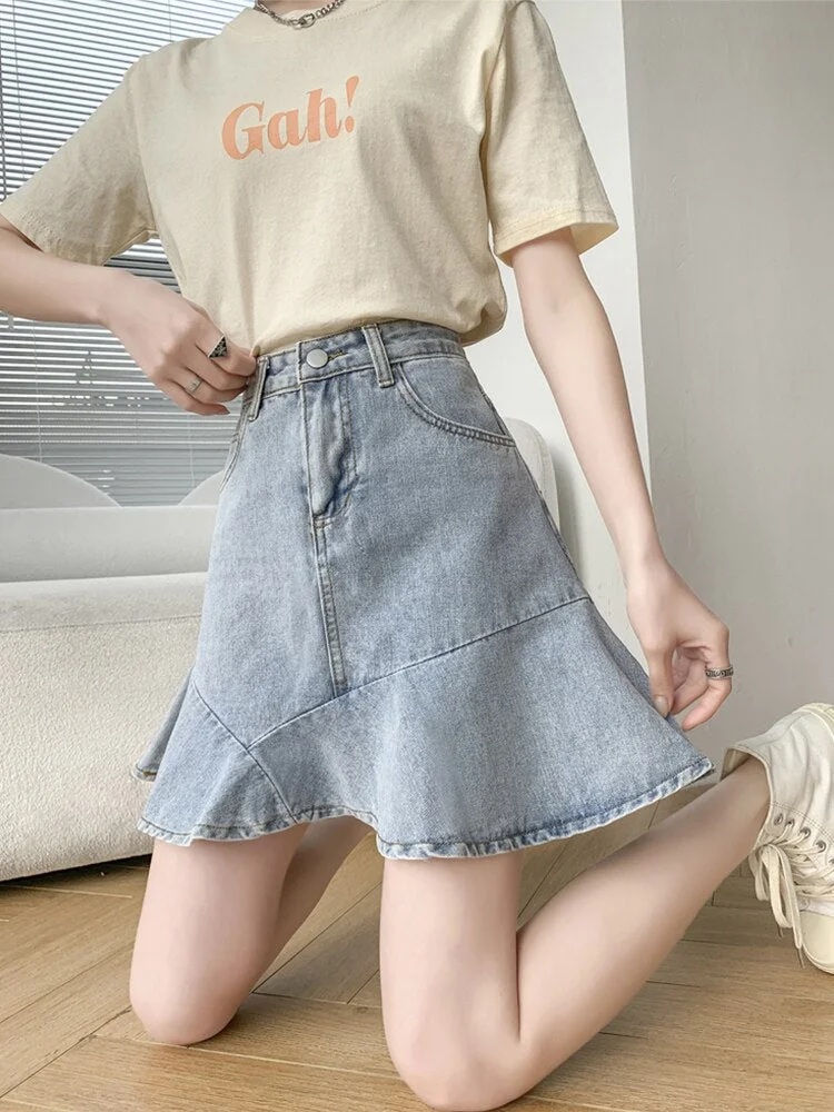 Nncharge Summer Women Casual Empire Slim Mermaid Skirt Lady Vintage Ruffled A-line Denim Skirt Female High Street Mini Skrit