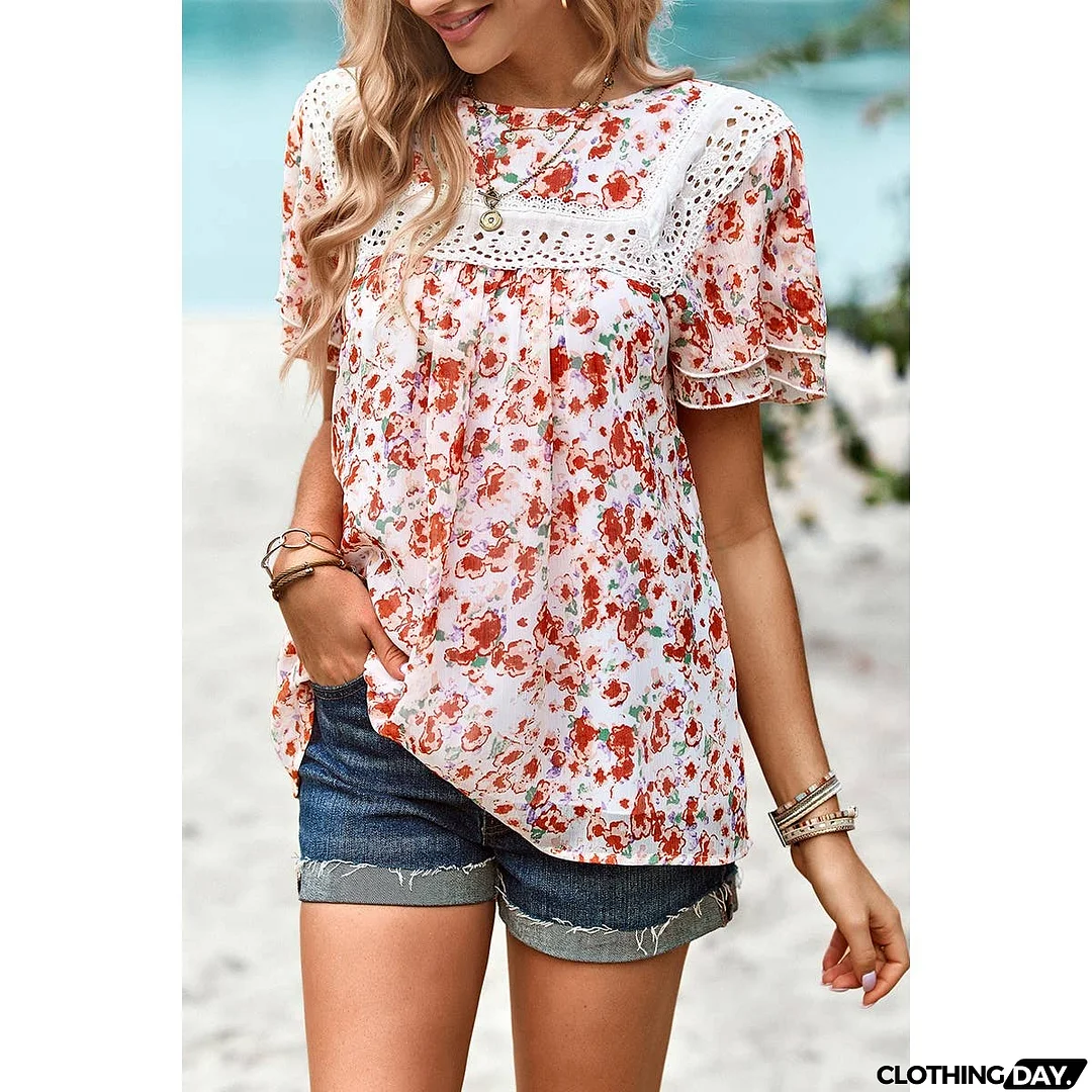 Floral Lace Round Neck Ruffle Loose Fit Top