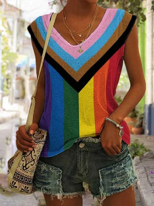 Women's Rainbow V-Neck Sleeveless T-Shirt