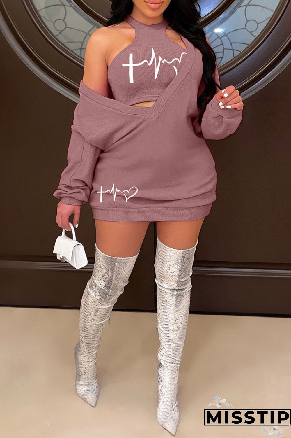 Black Casual Print Basic O Neck Long Sleeve Two Pieces