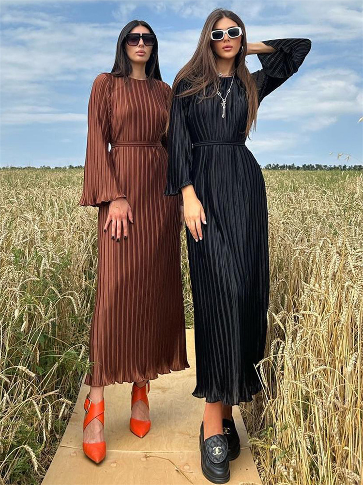Ootddress Ruffled Lace-Up Ribbed Maxi Dress For Women Long Sleeve Fashion High Waist Elegant Party Dress Autumn Bandage Ladies Dress