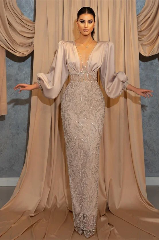 Bellasprom Long Sleeves V-Neck Prom Dress Mermaid Long With Beadings