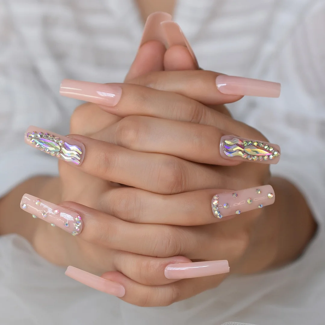 Luxury AB Stone Faux Ongles Rhinestones Decorative Extra Long Square Fake Nails Gegoues Designed Manicure Tips Nude Color-Nail Inspo