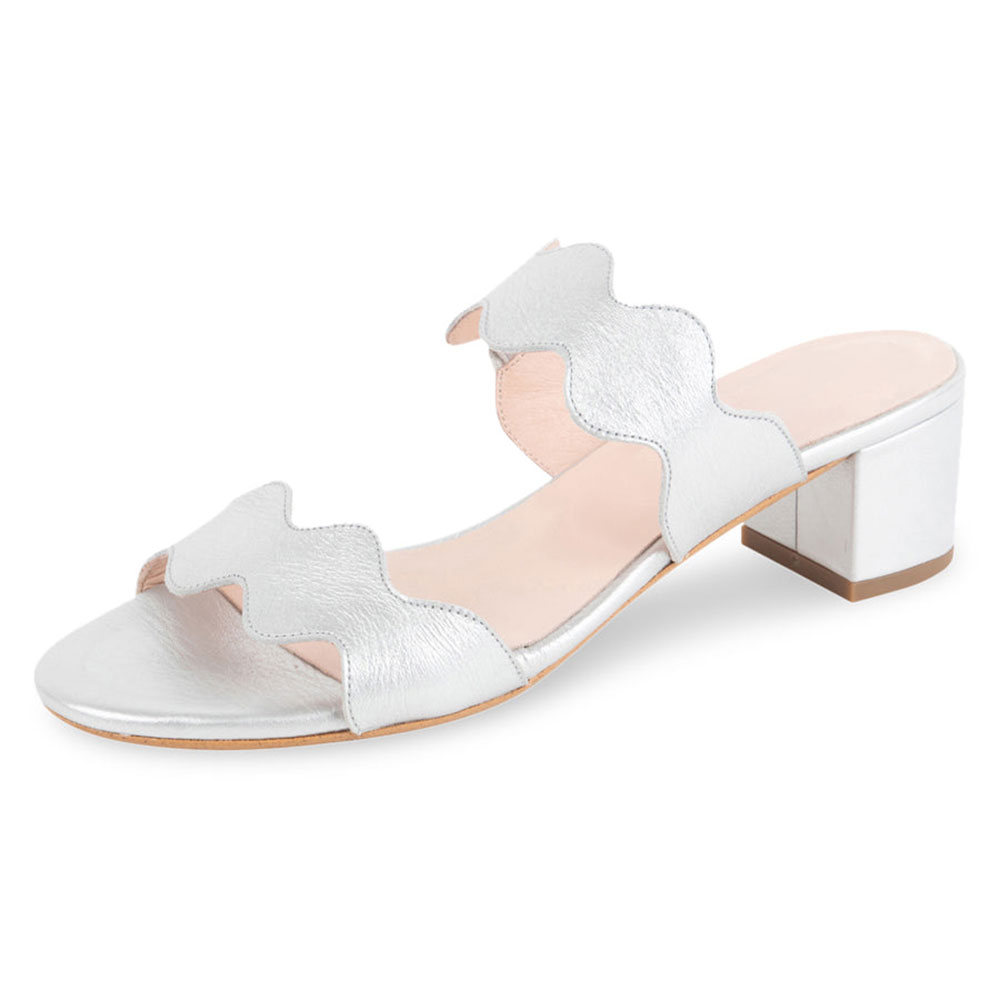Women's Vegan Leather Round Toe Mid Block Heel Casual Silver Sandals Nicepairs