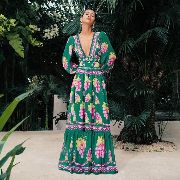 Long-sleeved Retro Green Grapes Print One Piece Swimsuit and Skirt