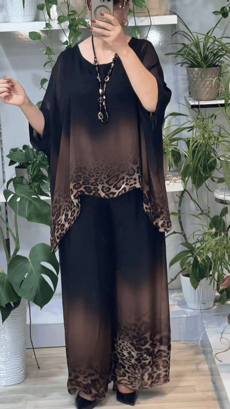 Women's Gradient Leopard Print Crew Neck Top And Wide Leg Pants Set 