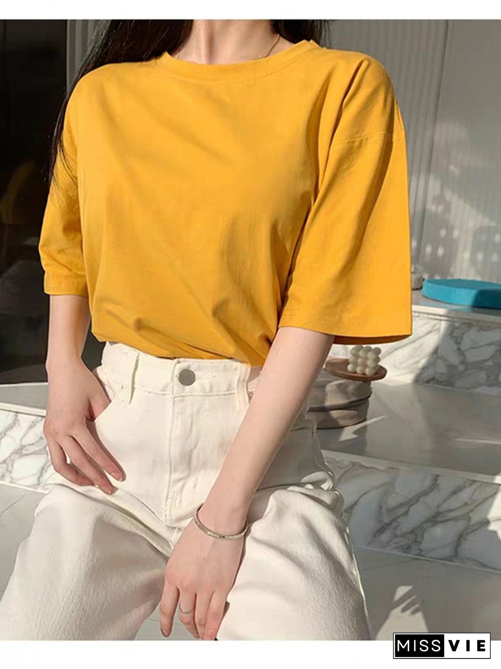 Basic Cotton T Shirt Women Summer New Solid Tees 7 Color Casual Loose Tshirt Korean O Neck Female Tops