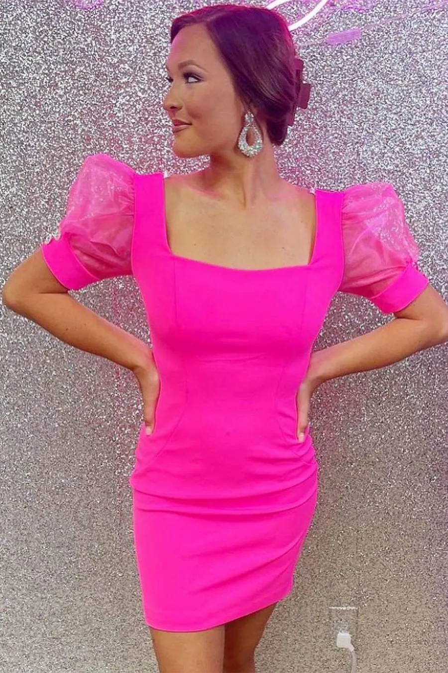 homecoming dress with sheer sleeves A-Line Sheer Neck Long Sleeves Pink Tulle Homecoming Cocktail Dress wi –  cherishgirls main image 1