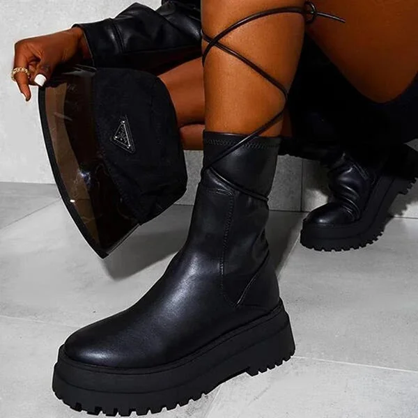 HUXM Chunky Platform Ankle Boots Wide Calf Lug Sole Booties