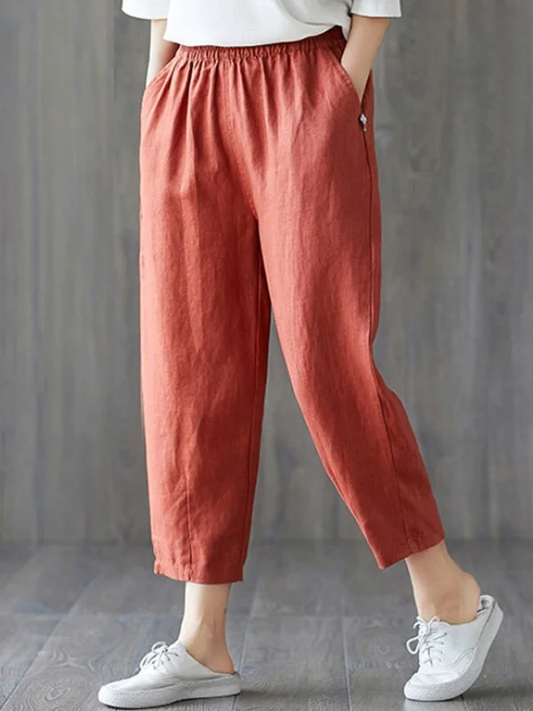Women's plus size cotton linen elastic pants