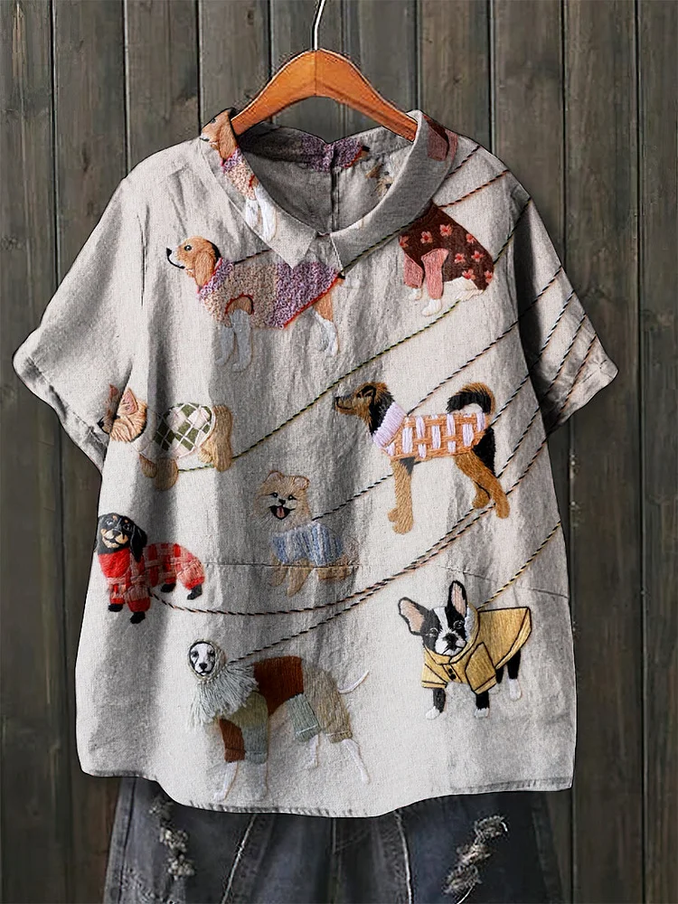 Women's Retro Lapel Cartoon Dog Pattern Cotton Top