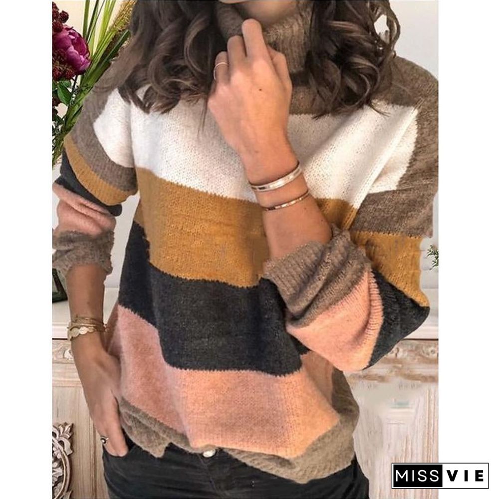 Elegant High Neck Striped Sweaters